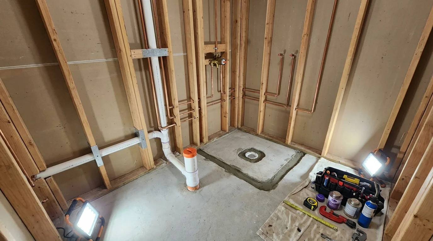 Bathroom rough-in plumbing during remodel by Johns Plumbing LLC in Piggott