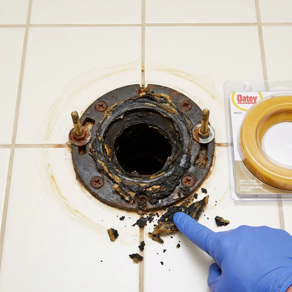 Failed wax ring showing water seepage at the base of a toilet in a Piggott, AR home