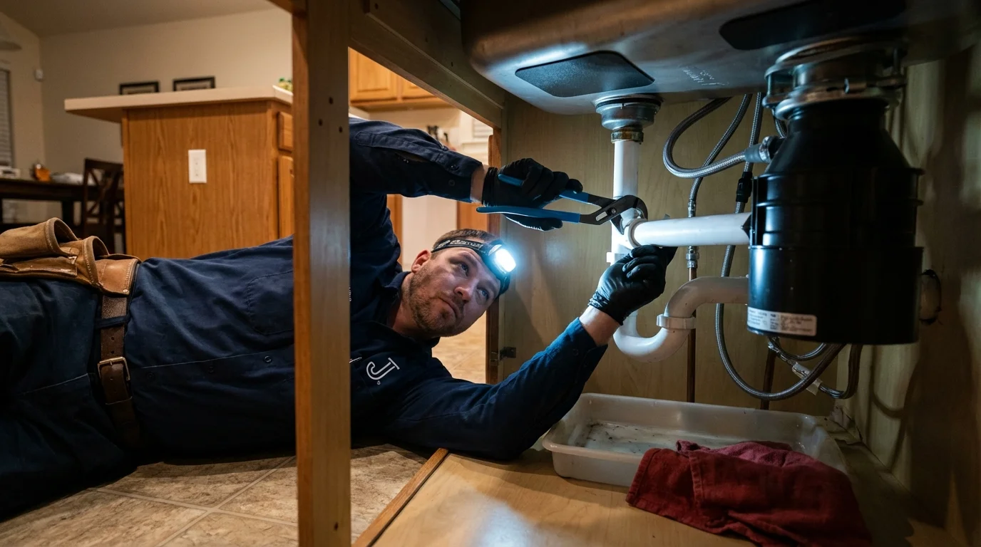 P-trap and supply line connections under a kitchen sink showing a common leak point in Piggott, AR